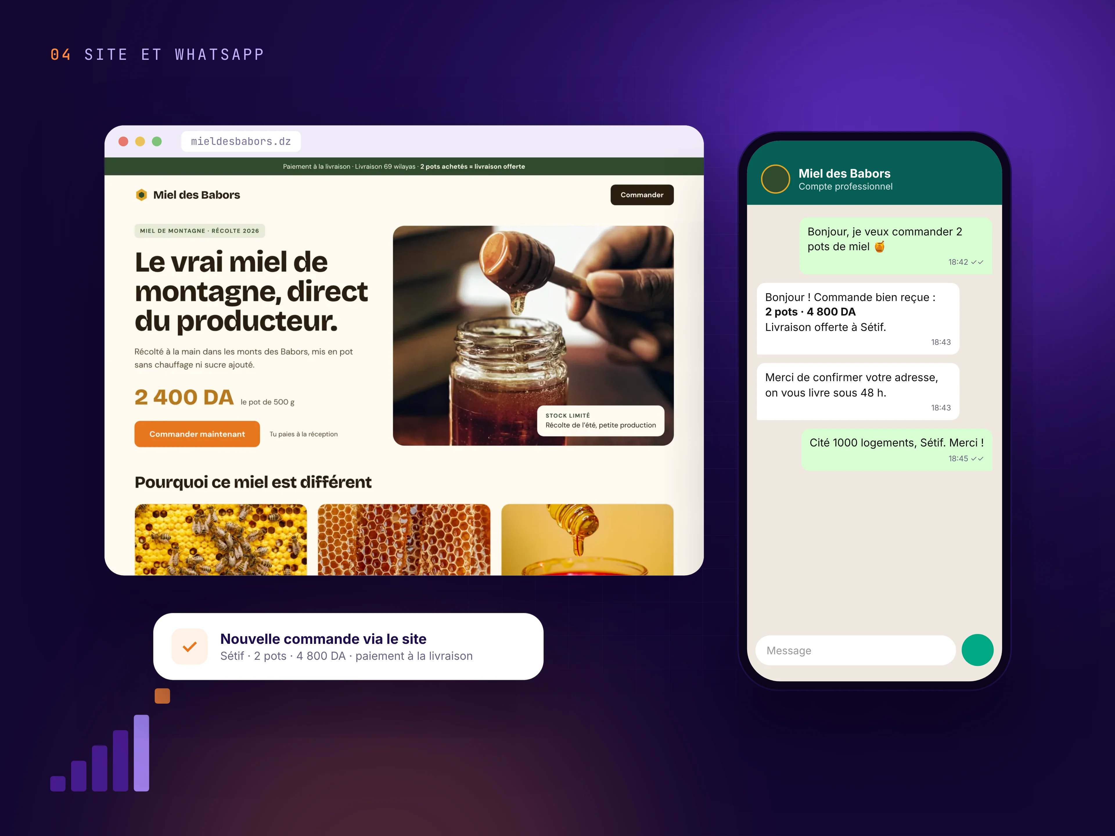 Landing page de commande et conversation WhatsApp avec un client