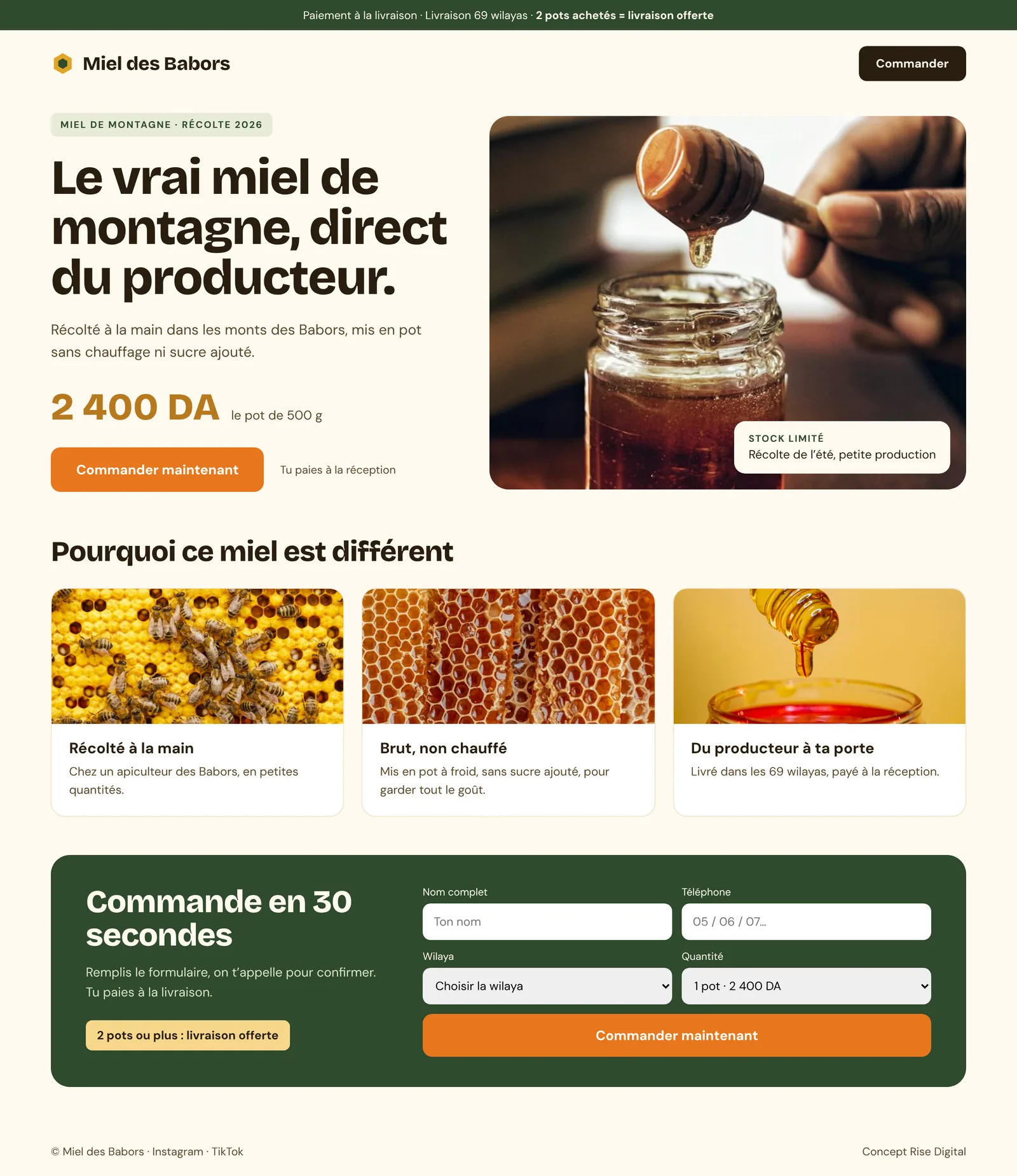 Concept de landing page pour un miel artisanal avec paiement à la livraison, réalisé par Rise Digital
